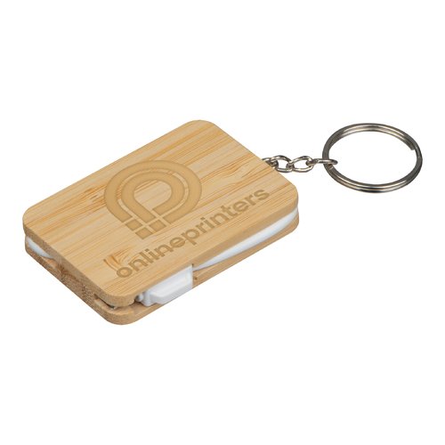 Beige bamboe sleutelhanger met metalen ring.