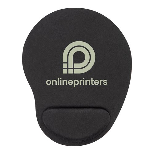 Zwarte muismat met polssteun voor ergonomisch gebruik.