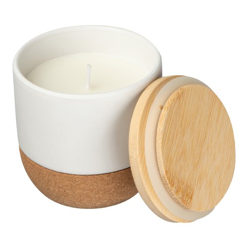 Witte kaars met kurken voet en houten deksel.