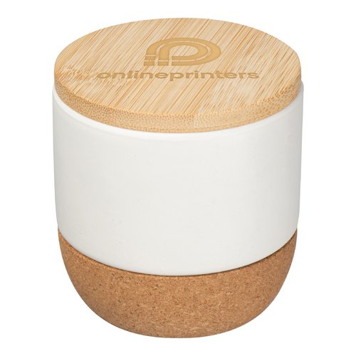 Witte keramieken pot met kurken voet en bamboe deksel.