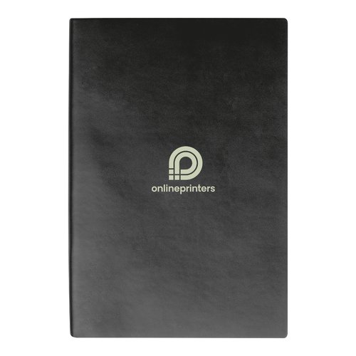 Zwart notitieboek met harde kaft en draadgebonden binding.