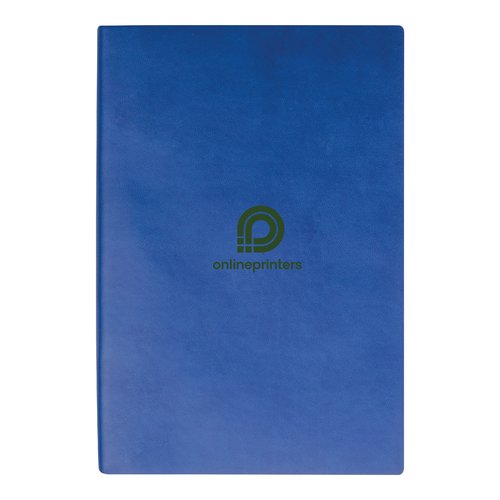 Blauw notitieboek met harde kaft en gelinieerde pagina's.
