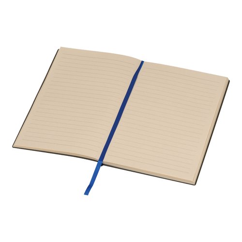 Blauw notitieboek met gelinieerde pagina's en lint.