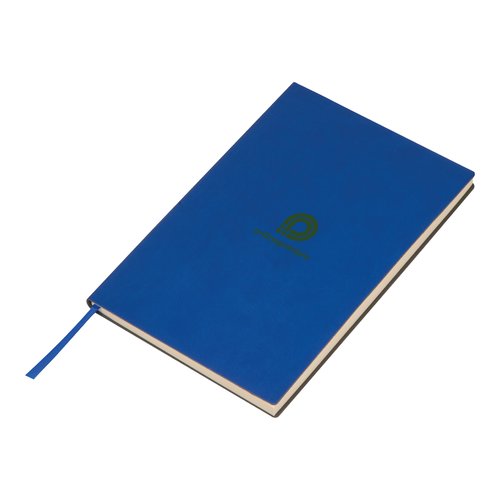 Blauw notitieboek met harde kaft en lint.
