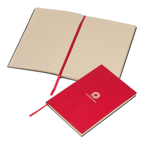 Rood notitieboek met harde kaft en lint bladwijzer.
