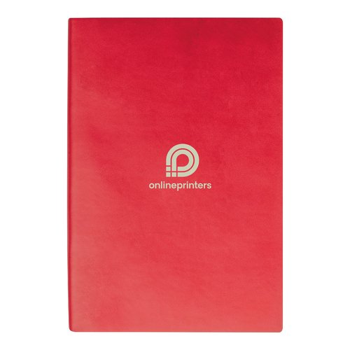 Rood notitieboek met harde kaft en gelinieerde bladzijden.