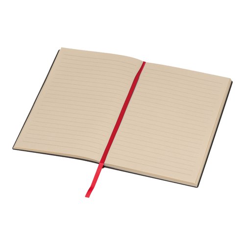 Rood notitieboek met harde kaft en bladwijzer.