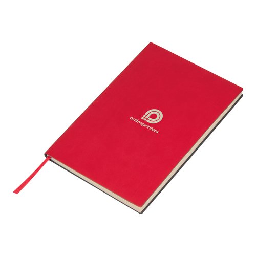 Rood notitieboek met harde kaft en leeslint.
