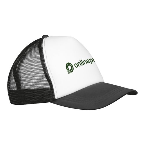 Zwarte trucker cap met mesh en verstelbare sluiting.
