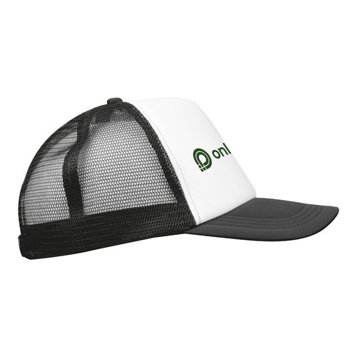 Zwarte trucker cap met mesh en verstelbare sluiting.