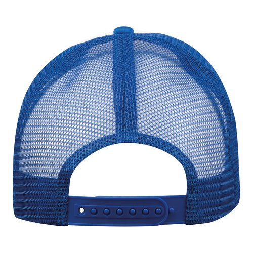 Blauwe stoffen trucker cap met mesh en verstelbare sluiting.