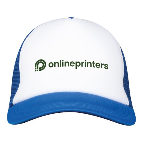 Blauwe trucker cap met mesh achterkant en verstelbare sluiting.