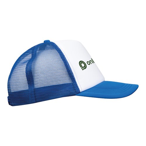 Blauwe trucker cap met mesh en verstelbare sluiting.