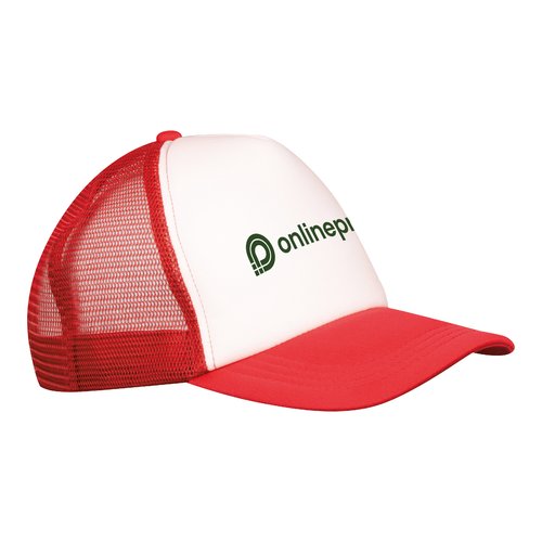 Rode polyester trucker cap met mesh en verstelbare sluiting.
