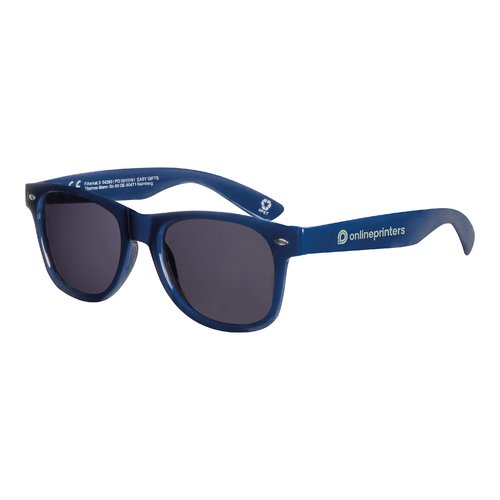 Donkerblauwe RPET zonnebril met donkere glazen.