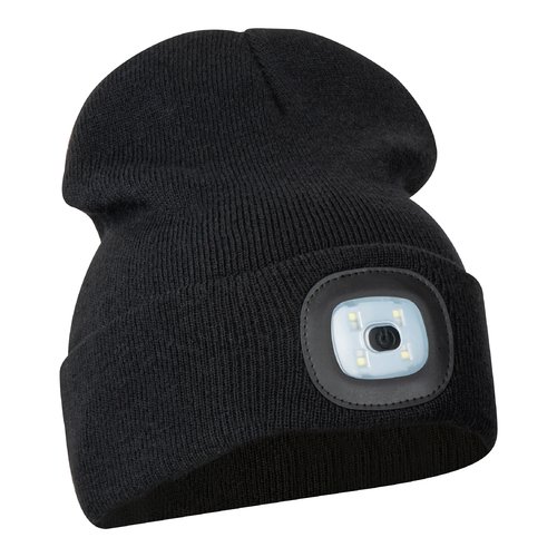 Zwarte gebreide beanie met gentegreerde LED-lamp.