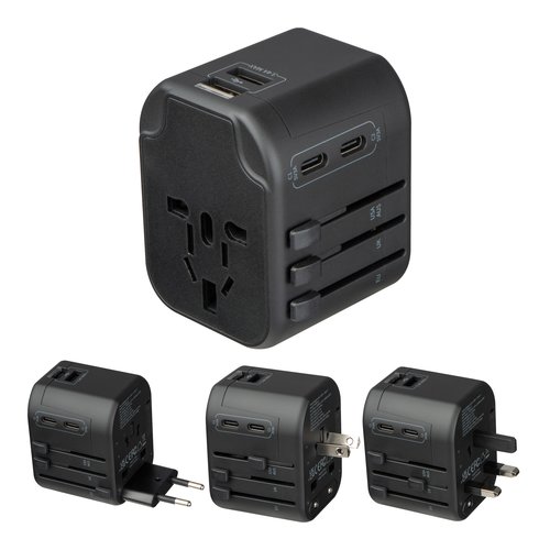 Zwarte reisadapter met meerdere stekkeropties en USB-poorten.