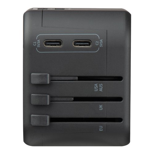 Zwarte reisadapter met USB-poorten en meerdere stekkeropties.