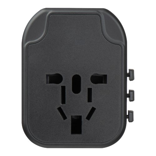 Zwarte plastic reisadapter met meerdere stopcontacten.