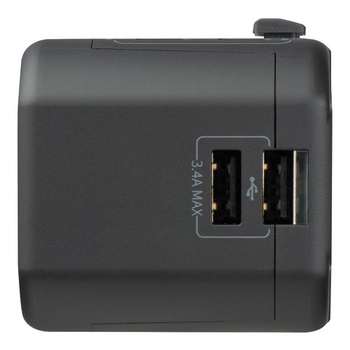 Zwarte reisadapter met USB-poorten.
