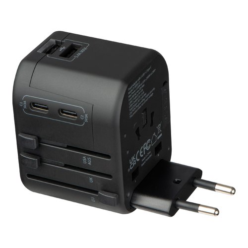 Zwarte reisadapter met meerdere stopcontactadapters.