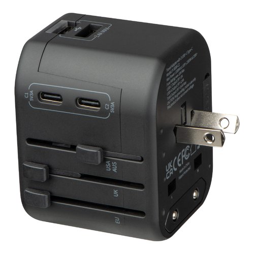 Zwarte reisadapter met meerdere USB-poorten en diverse stekkeropties.