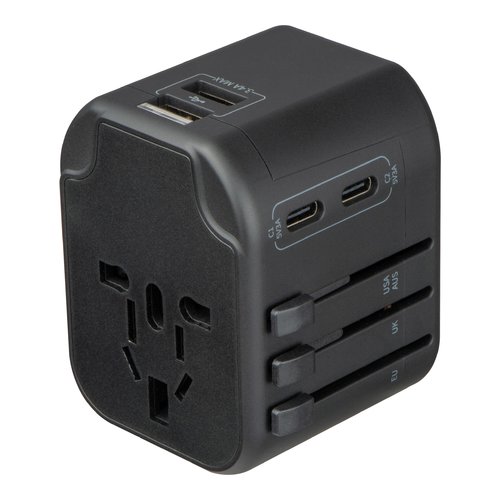 Zwarte reisadapter met USB- en stopcontact.