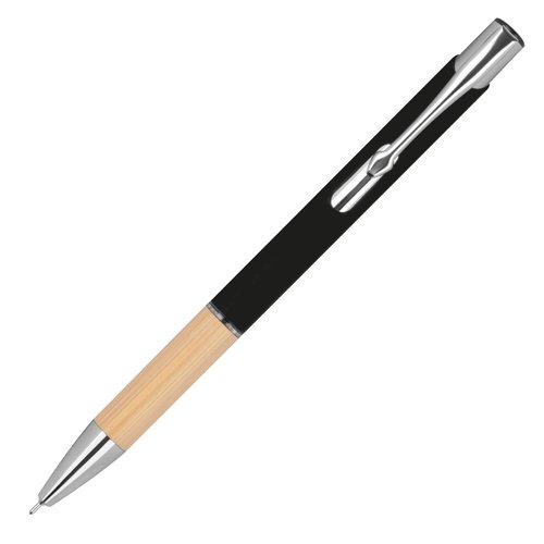 Zwarte gerecyclede gelpen met clip en drukmechanisme.