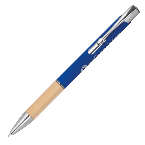 Blauwe gerecyclede gelpen met clip en drukmechanisme.