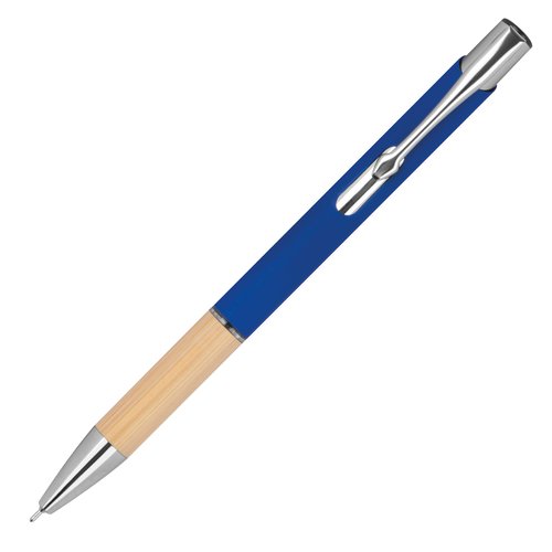 Blauwe gerecyclede gelpen met clip en drukknop.