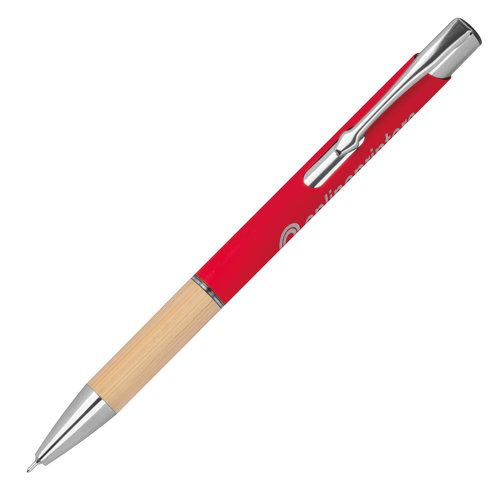 Rode gelpen van gerecycled materiaal met clip en drukmechanisme.