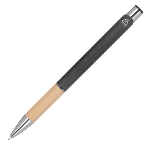 Antraciet gerecycleerde gelpen met metalen elementen.