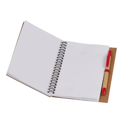 Rood spiraal notitieblok met penhouder.