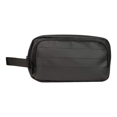 Zwarte toilettas met ritssluiting en handvat.