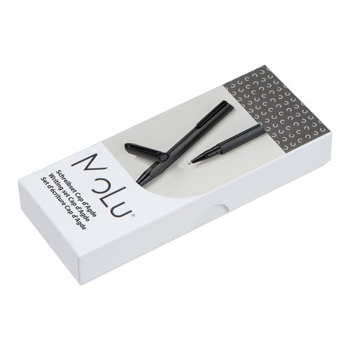 Zwarte schrijpset met balpen en fineliner.