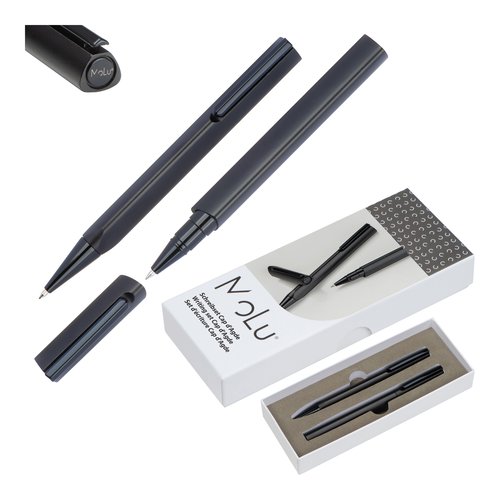Zwarte schrijfset met balpen en rollerball in geschenkverpakking.