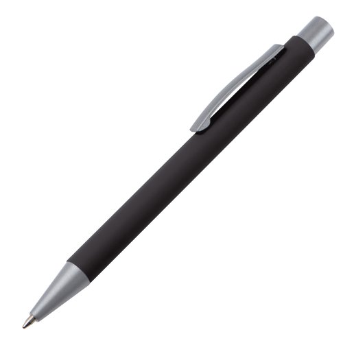 Zwarte schrijfset met balpen en etui.