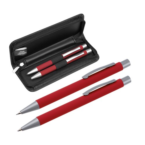 Rode schrijfset met balpen en etui.