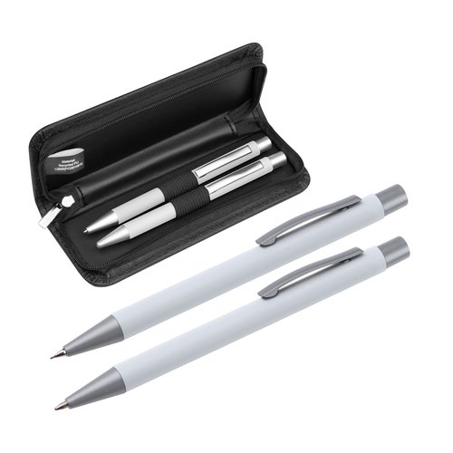 Witte schrijfset met balpen en etui.