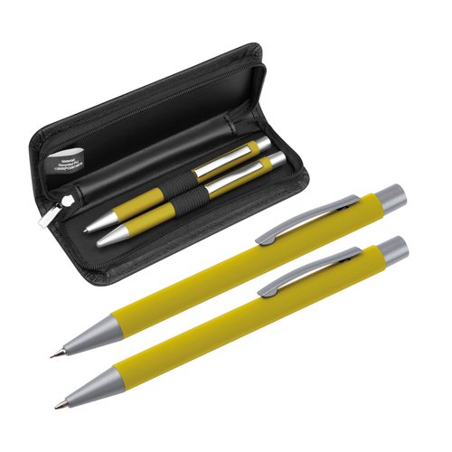 Gele schrijfset met balpen en etui.