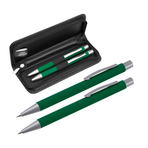 Groene schrijfset met balpen en etui.