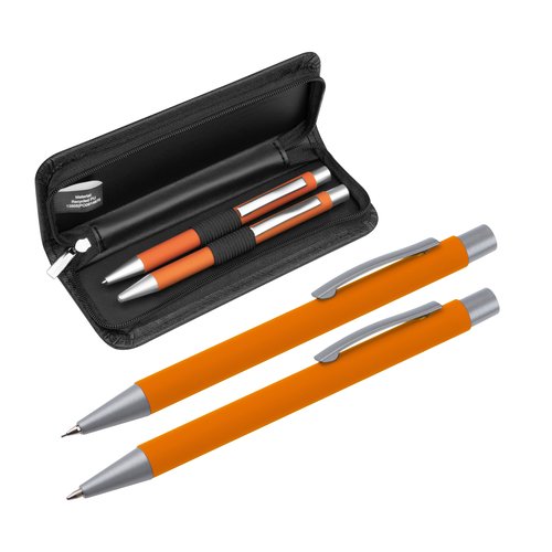 Oranje schrijfset met balpen en draaibalpen in etui.