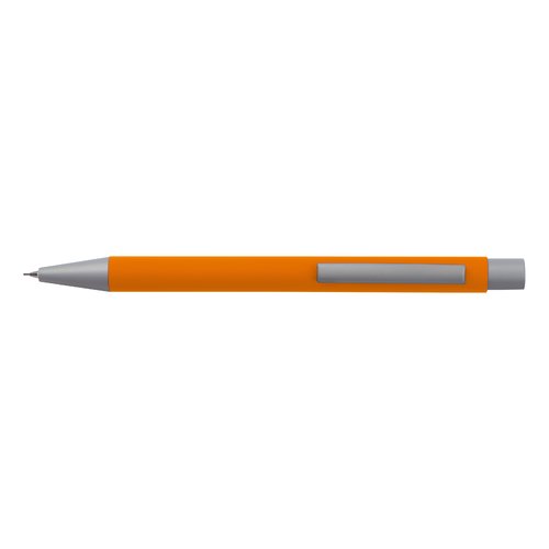 Oranje schrijfset met pen en accessoires.