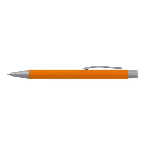 Oranje schrijfset met pen en accessoires.