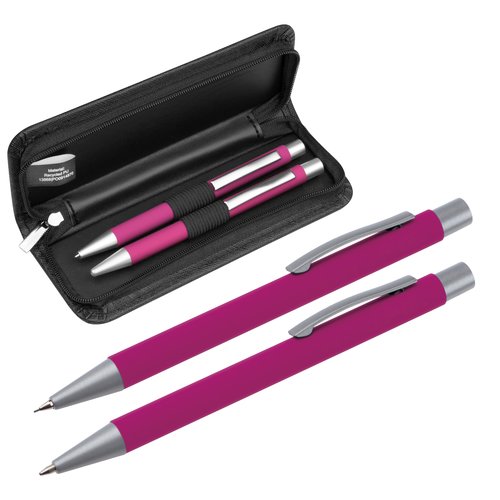 Roze schrijfgarnituur met balpen, rollerball en etui met rits.
