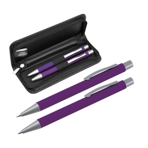 Paarse schrijfset met balpen en etui.
