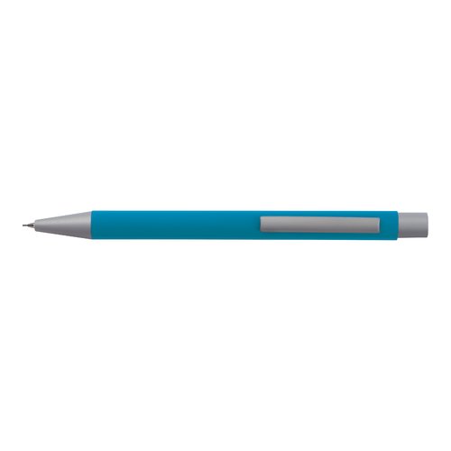 Lichtblauwe schrijfset met balpen en etui.
