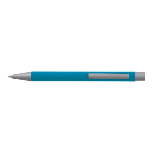 Lichtblauwe plastic schrijfset met pen en etui.