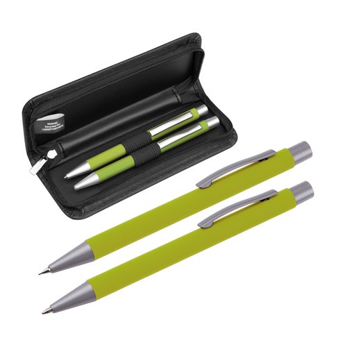 Appelgroene schrijpset met balpen en etui.