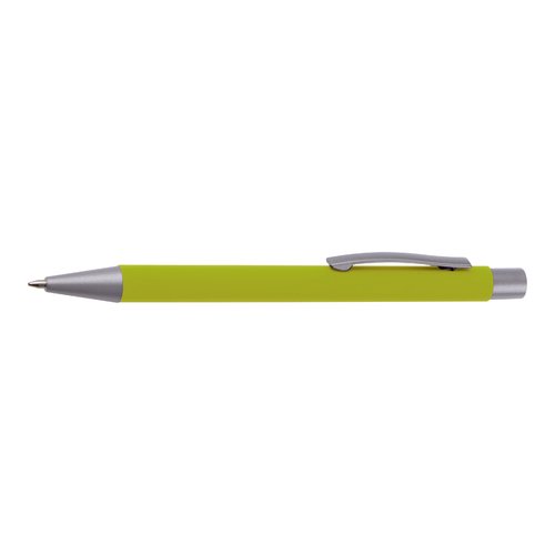 Appelgroene schrijfgarnituur met balpen en accessoires.